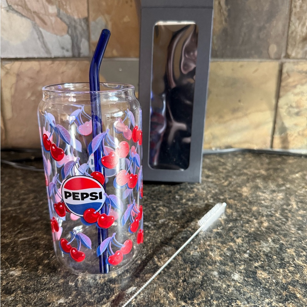 Pepsi Cherry Glass with Straw & Cleaning Brush
